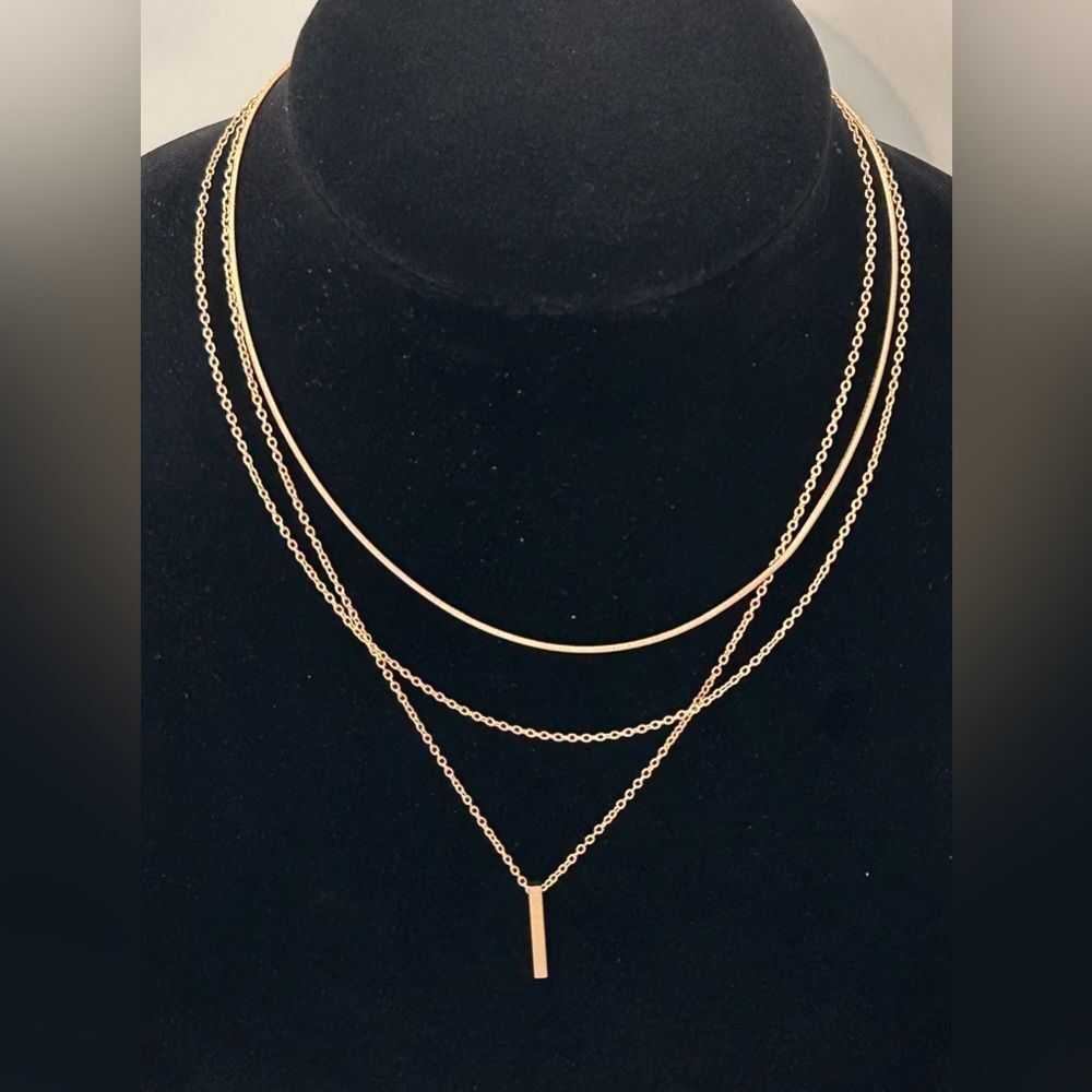 Women’s Gold Multilayer Necklace – Rope Choker + Bar Pendant | New Never Worn